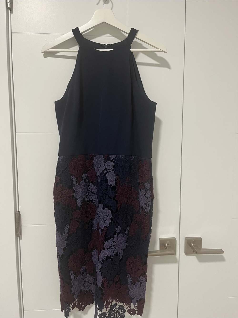 Maggy London Navy Halter Dress with Burgundy & Lavender Lace Skirt